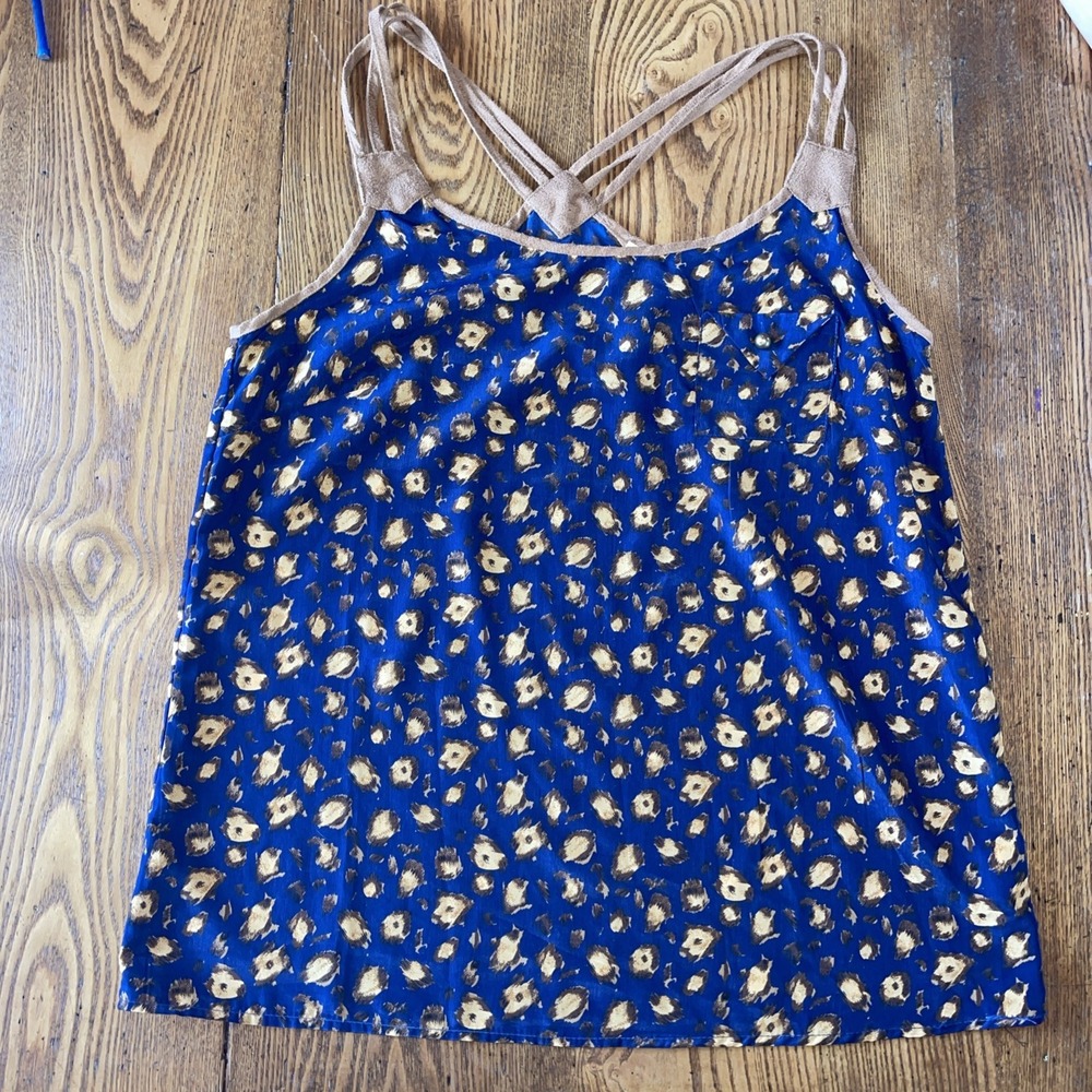 edge tank top brown faux suede straps and edging, blue animal print Large